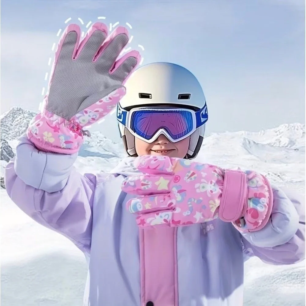 Kids Winter Snowboarding Ski Gloves 9-13 YO‎ Floral Insects Pink Insulated Warm